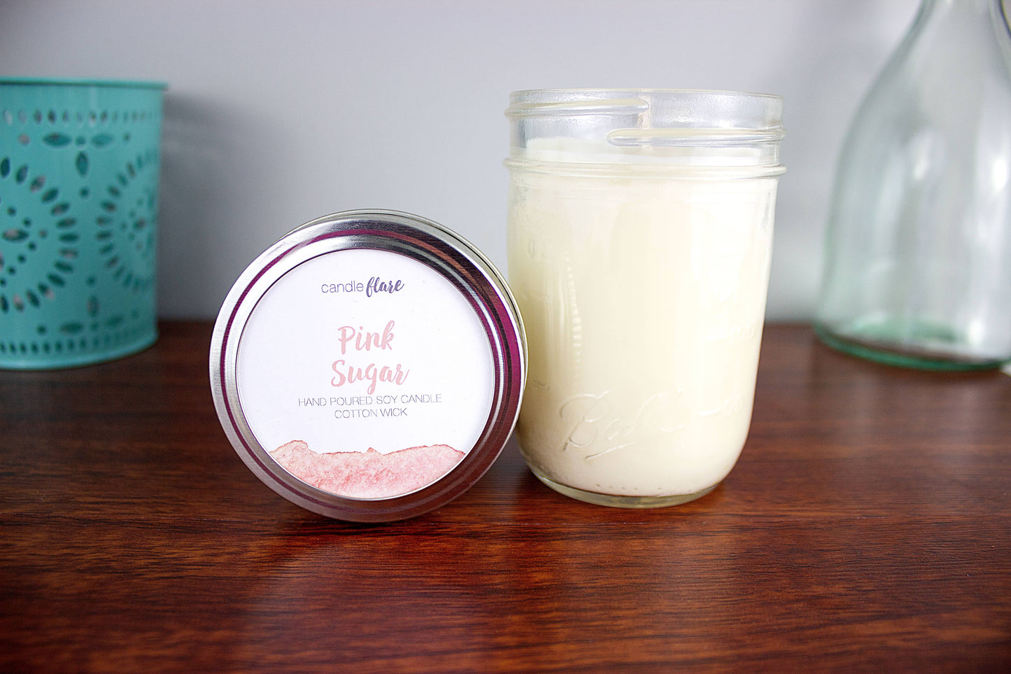 Pink Sugar Handmade Soy Candle in Half Pint Mason Jar